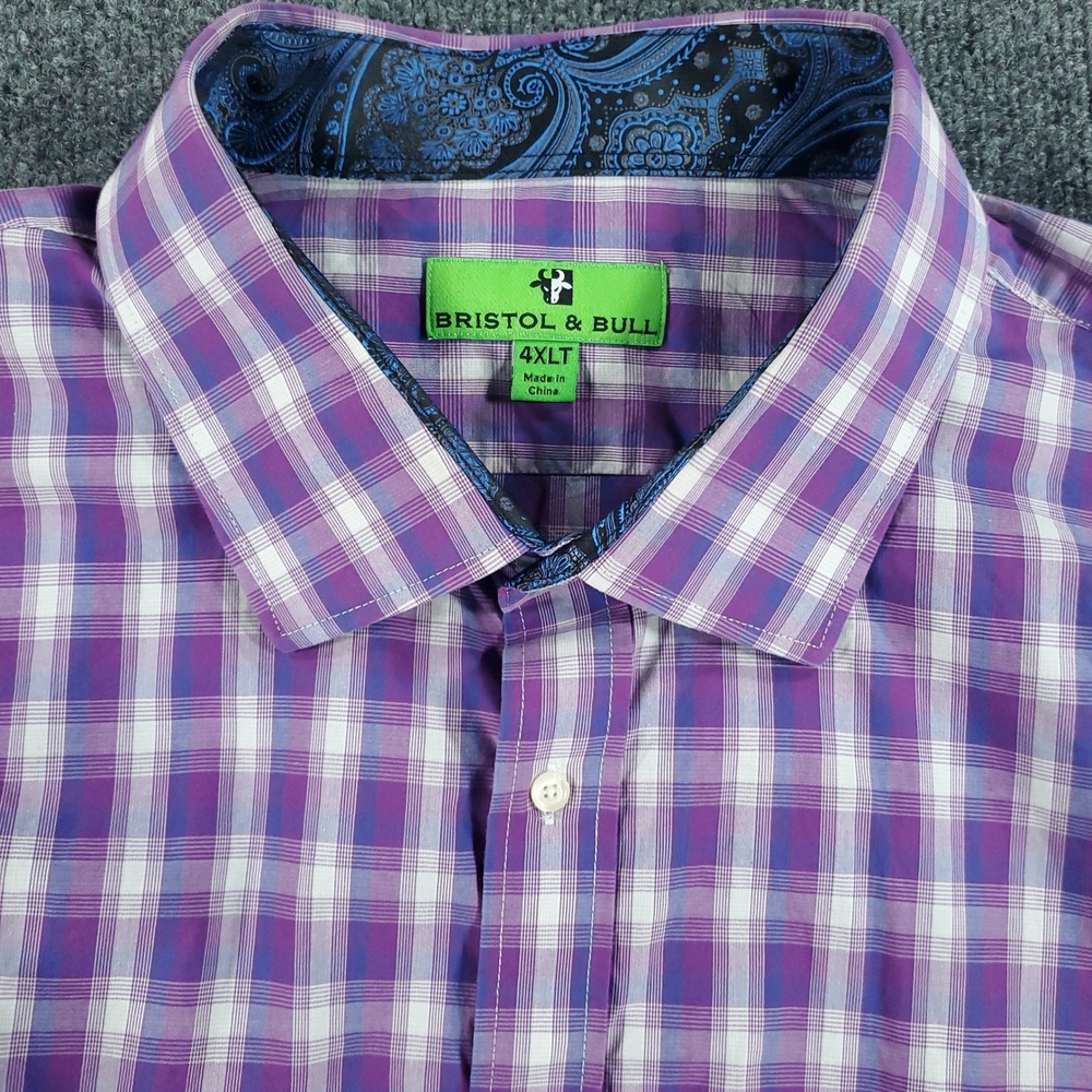 Bristol & Bull Shirt Mens 4XLT Purple Plaid Button-Down Long Sleeve Cotton